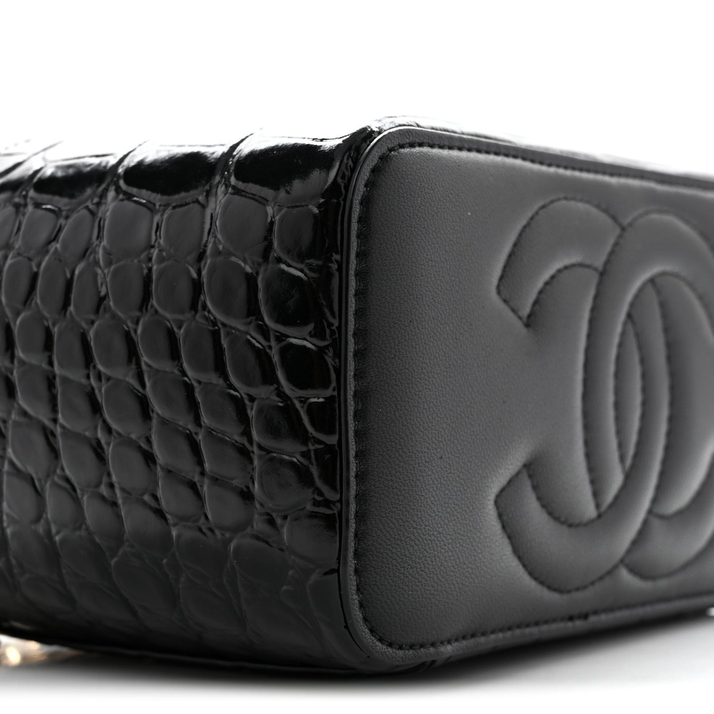 Calfskin Crocodile Embossed Crococo Small Top Handle Vanity Case With Chain Emerald
