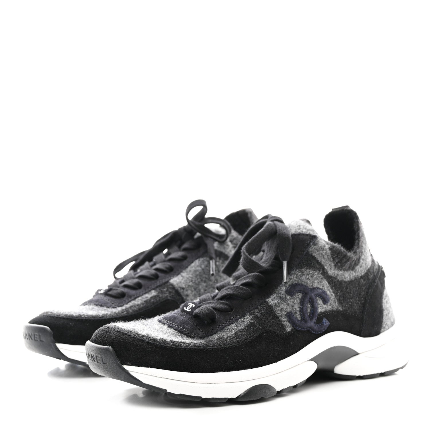 Chanel Knit Fabric Suede Calfskin Womens CC Sneakers 36.5 Grey Black 3 of 9
