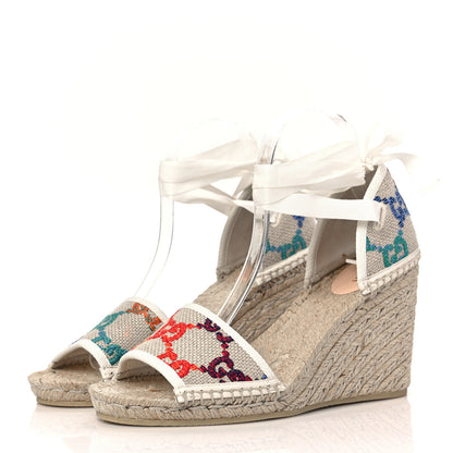 Gucci Linen Psychedelic Mini GG Monogram Ankle Wrap Platform Espadrille Wedge Sandals 40.5 Multicolor Mystic White 3 of 8