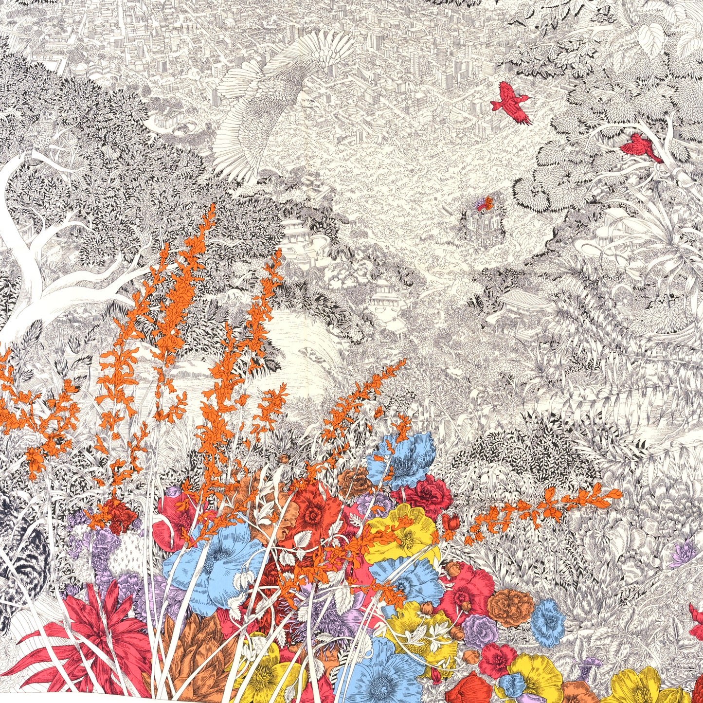 Cashmere Silk Retour a la Nature Shawl 140 White Black Multicolor