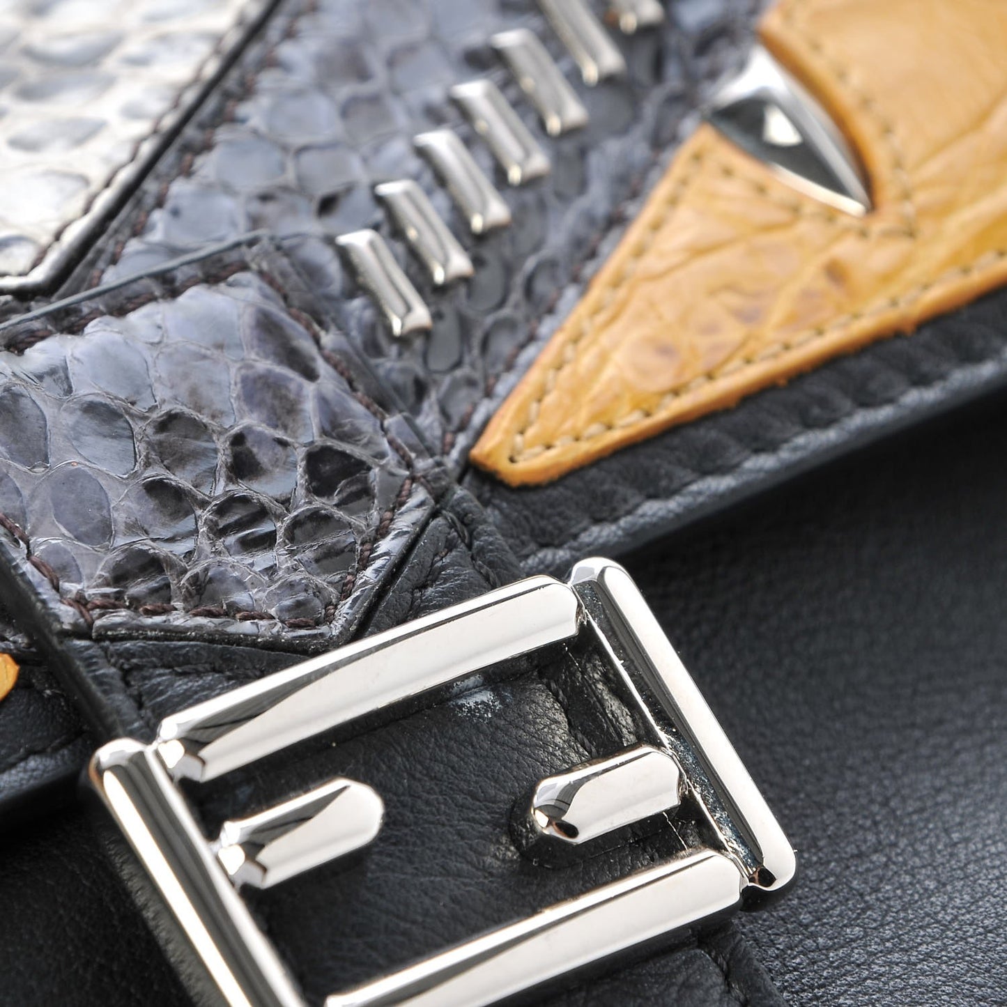 Calfskin Elaphe Crocodile Monster Studded Micro Double Baguette Black Grigio Polvere