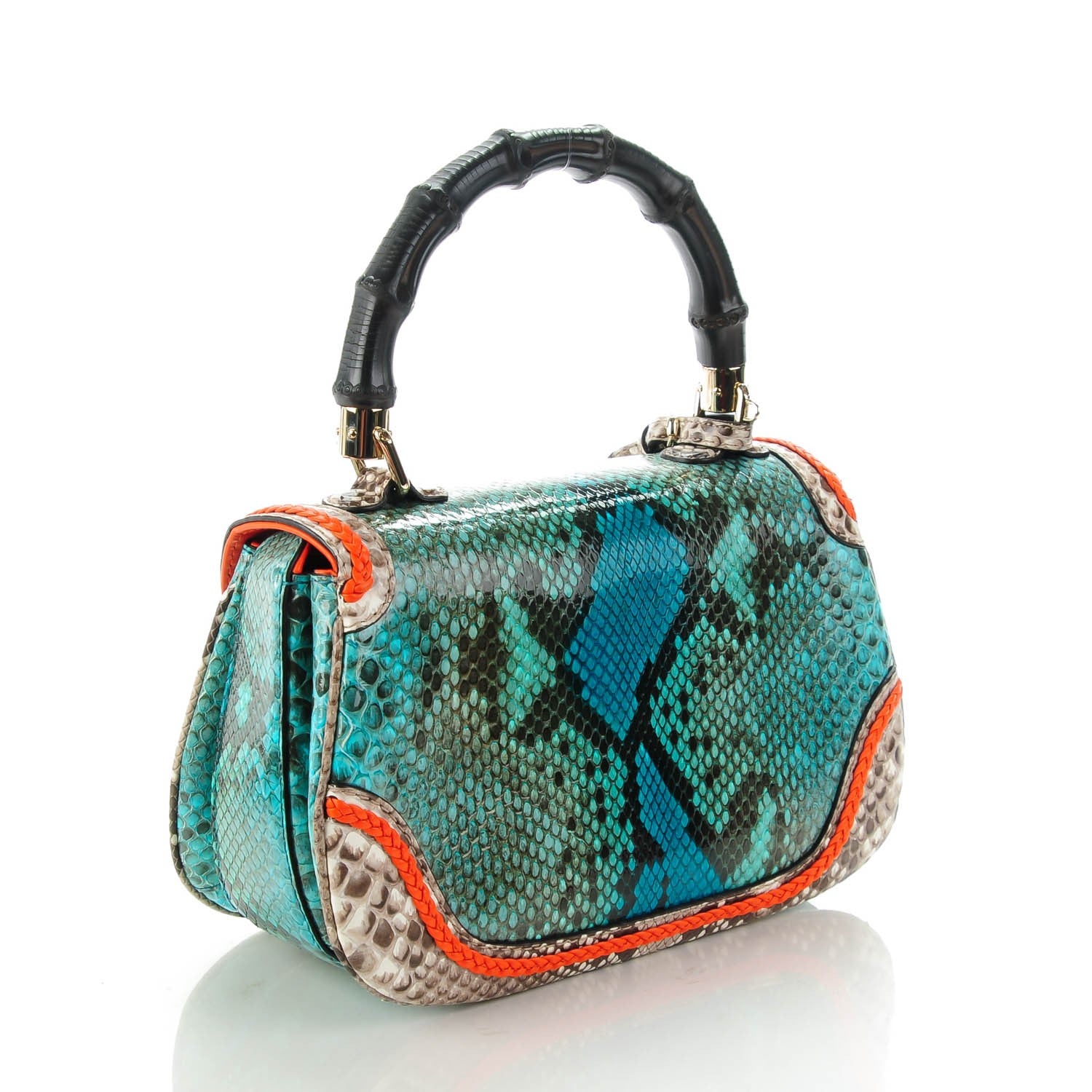 Gucci Python Medium New Bamboo Top Handle Bag Neon Orange Raspberry Aquamarine 3 of 7