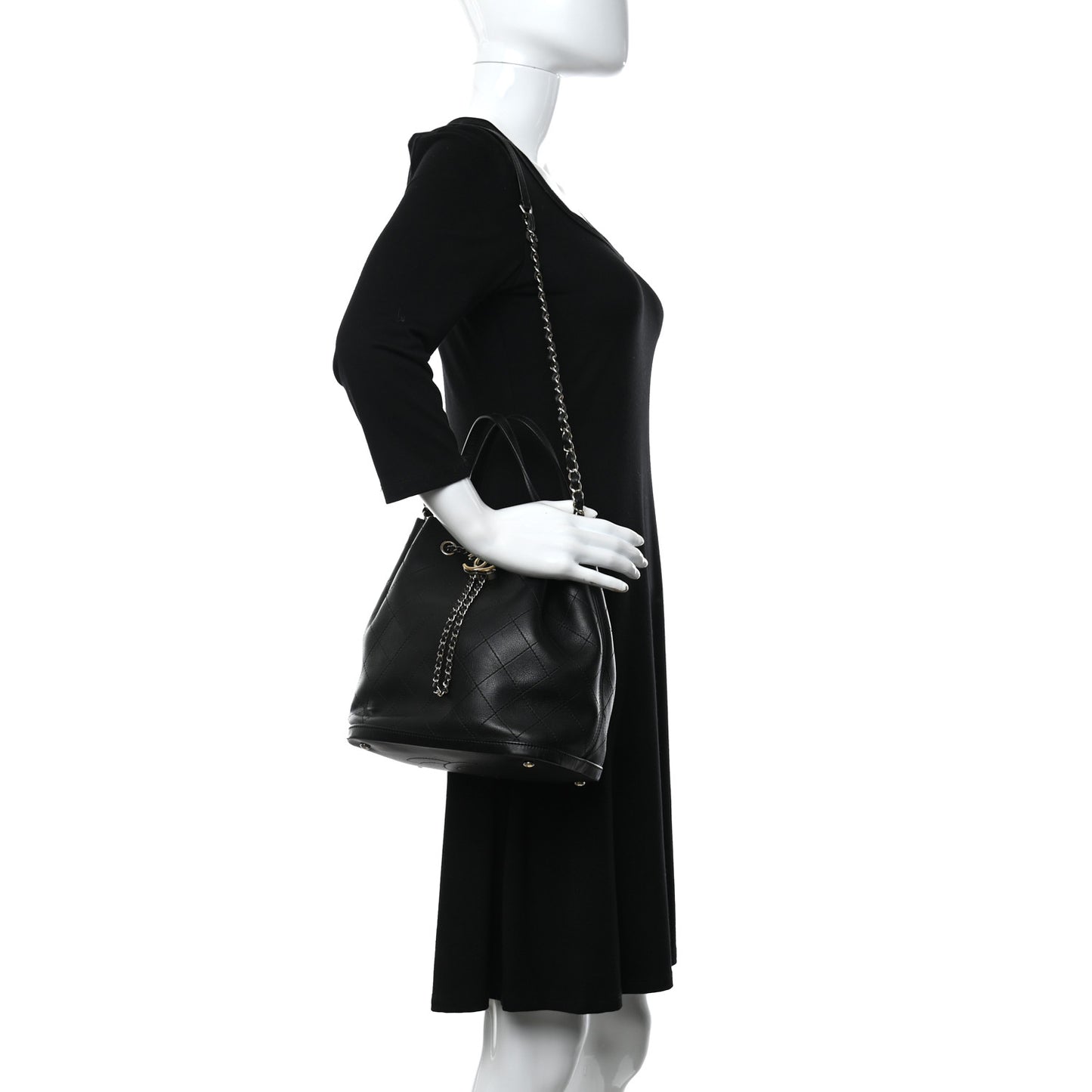 Calfskin Stitched Chain Top Handle Bucket Bag Black