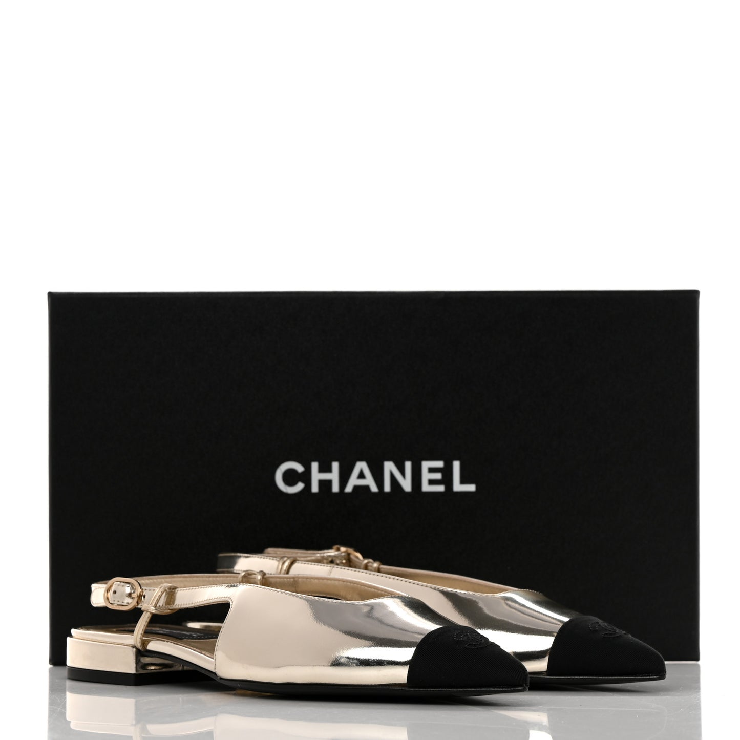 Laminated Calfskin Grosgrain Cap Toe CC Slingback Flats 37 Gold Black