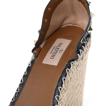 Valentino Garavani Grained Calfskin Rockstud Ankle Strap Espadrille 15/105mm Wedge Sandals 37 Black Light Cuir Natural 8 of 9