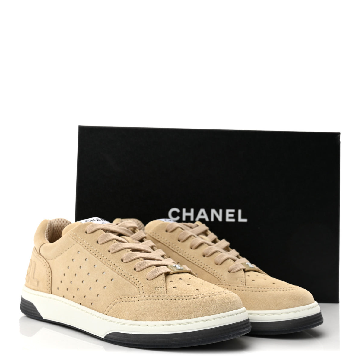 Suede Calfskin Logo Sneakers 38 Beige