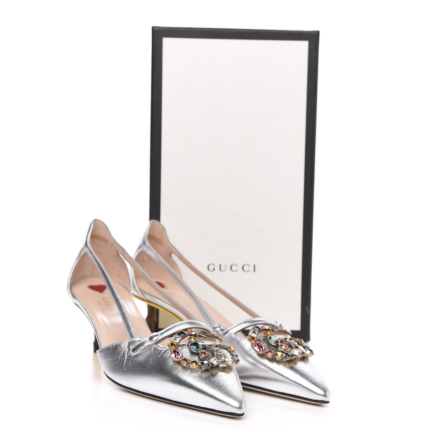 Gucci Metallic Nappa Bamboo Crystal Double G Low Heel Pumps 40 Argento 8 of 8