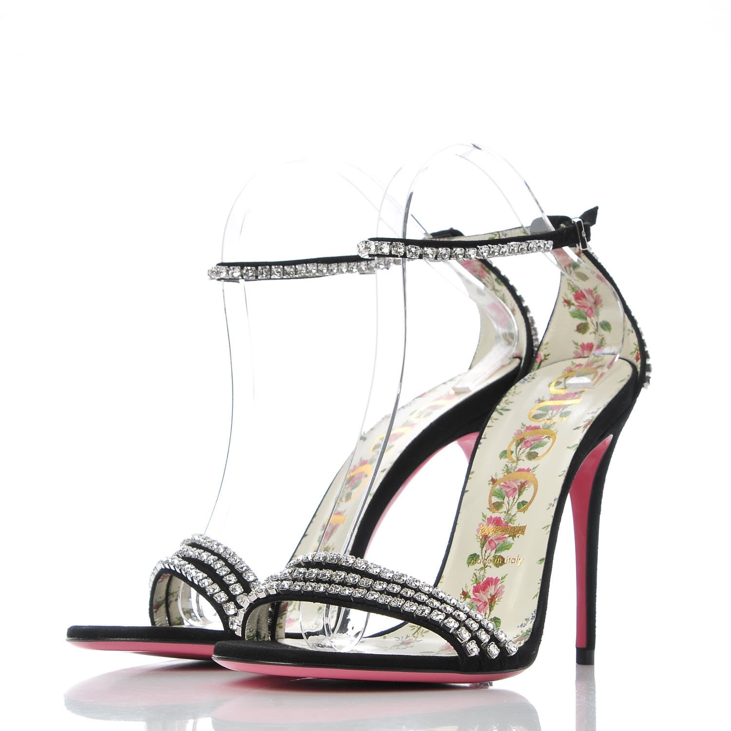 Gucci Kid Scamosciato Crystal Ankle Strap High Heel Sandals 39.5 Black 2 of 9