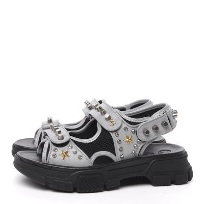 Gucci Technical Canvas Calfskin Reflective Studded Mens Aguru Sandals 7 Silver Black 3 of 7