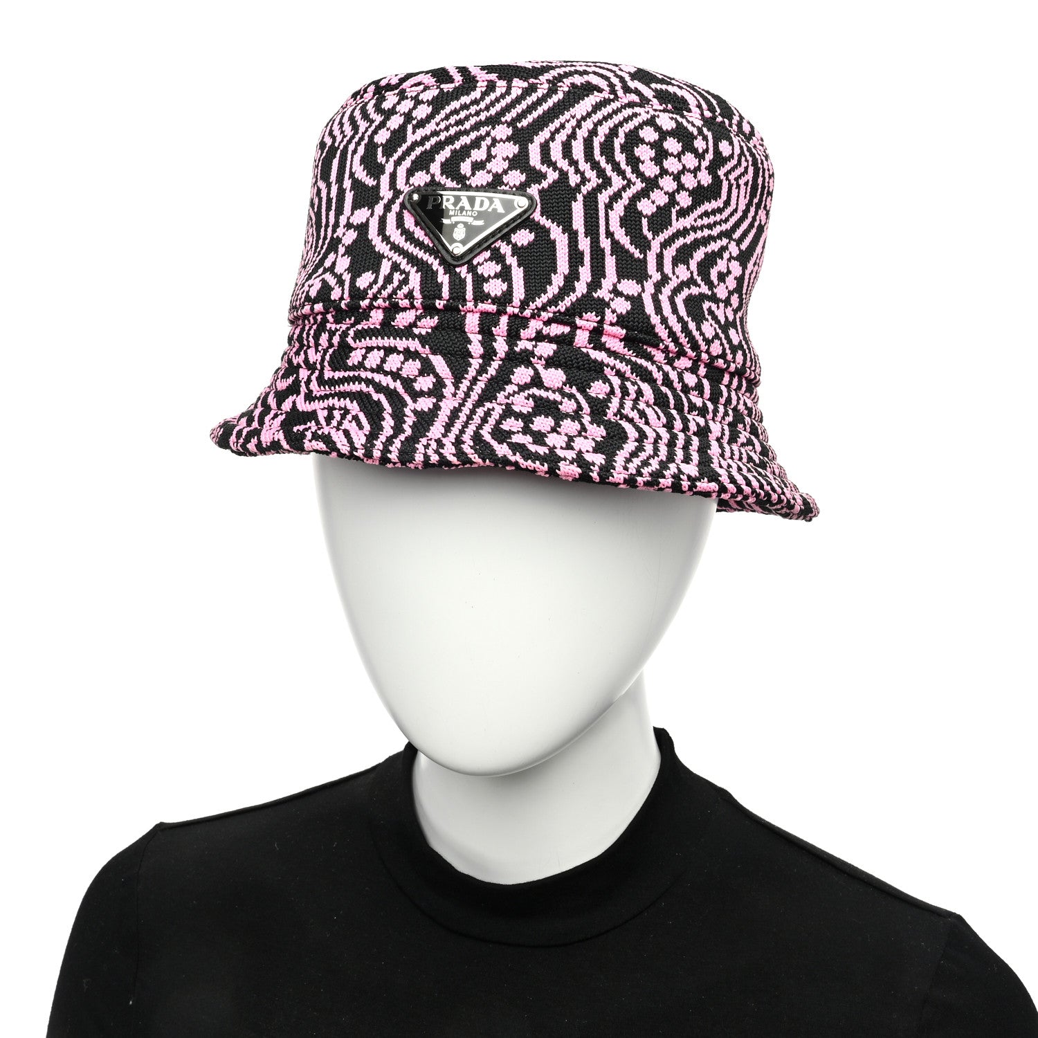 Prada Maglia Jacquard Metal Triangle Logo Womens Bucket Hat M Black Rosa 3 of 8