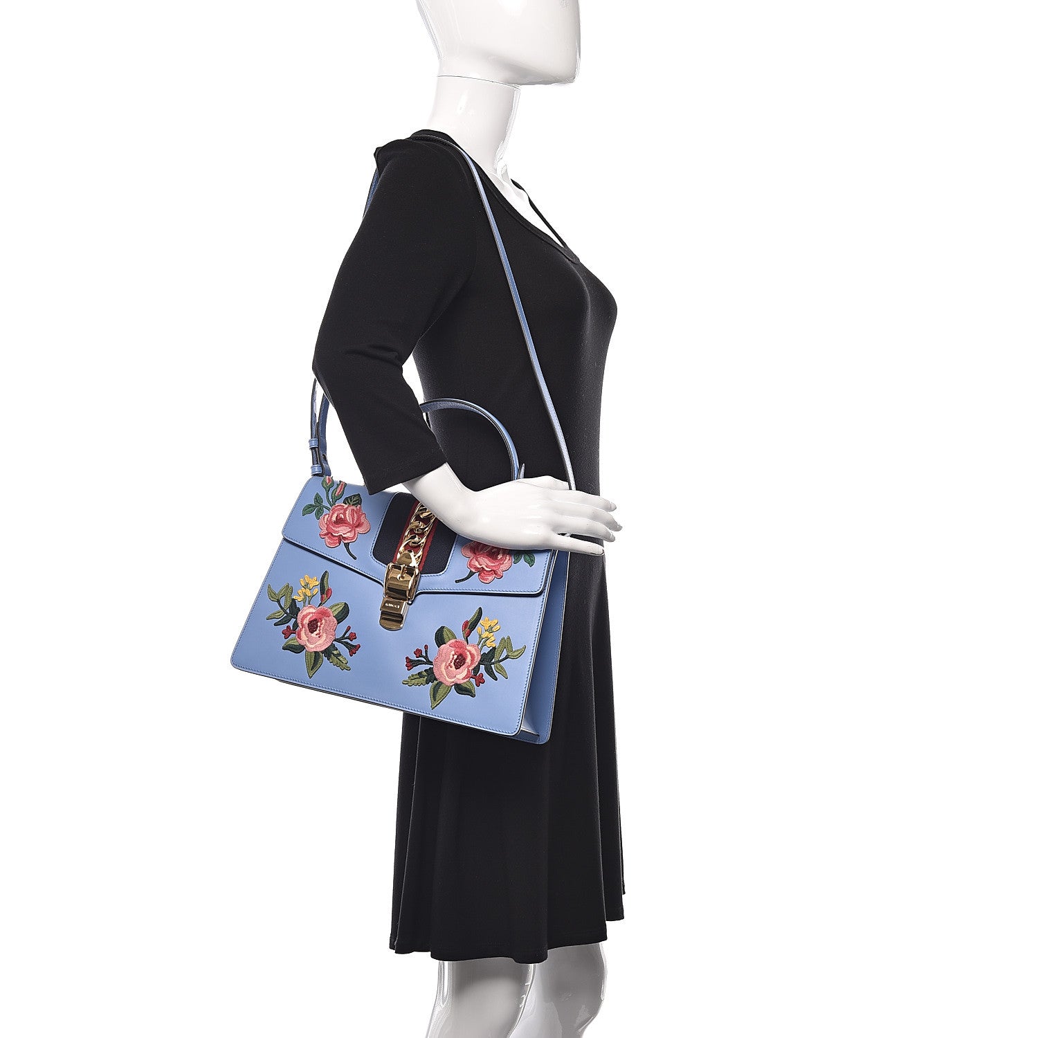 Gucci Calfskin Embroidered Medium Sylvie Top Handle Bag Clear Sky Blue 2 of 10