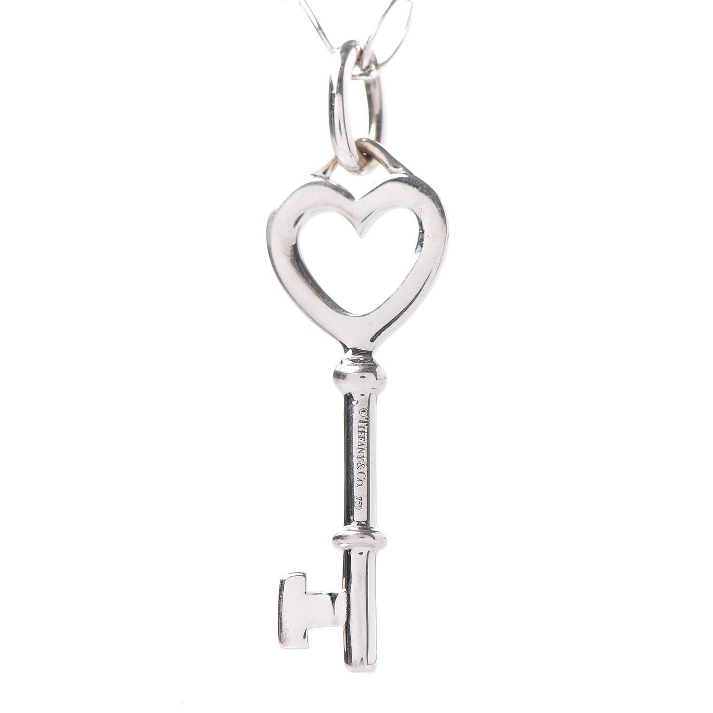 18K White Gold Diamond Mini Heart Key Charm Pendant Link Necklace
