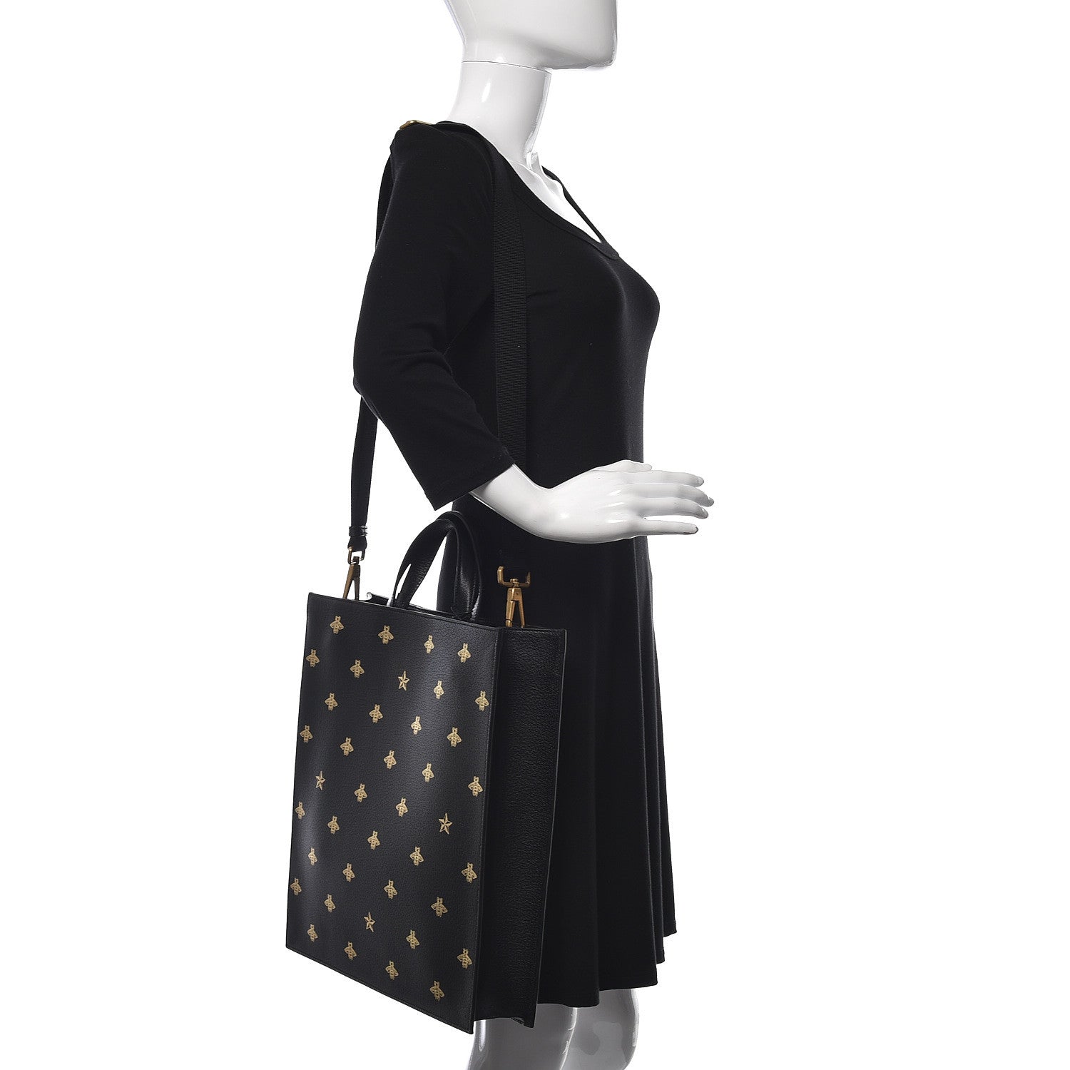 Gucci Grained Calfskin Bee Star Vertical Tote Black 2 of 9