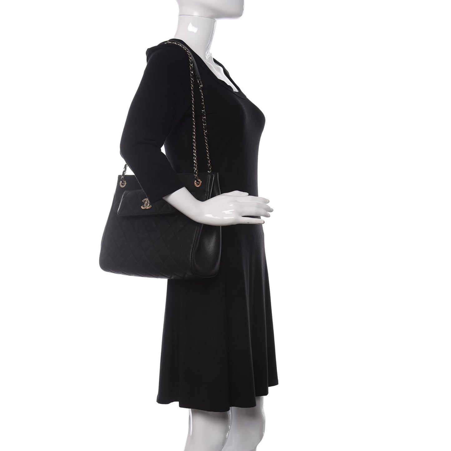 Caviar Quilted In Out Flap Shopping Tote Black