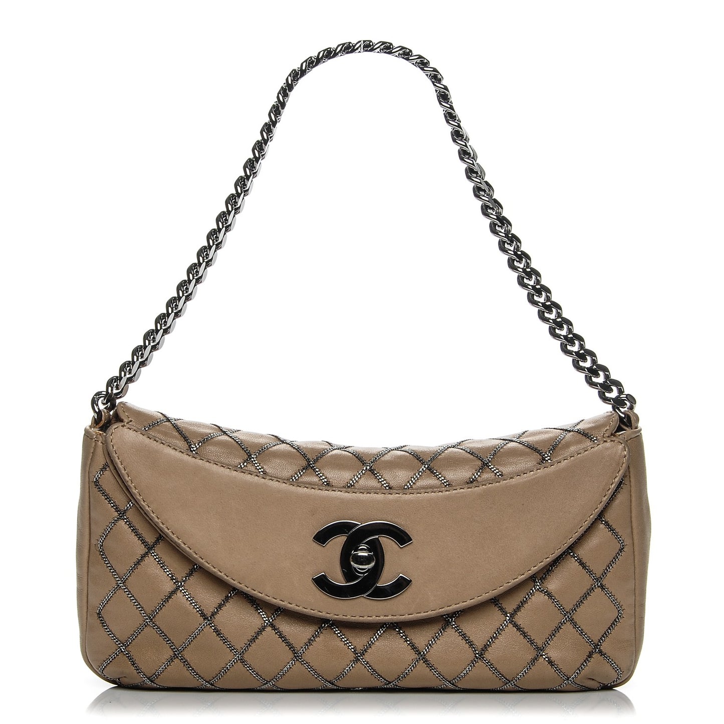 Lambskin Chain Stitch Clutch Dark Beige