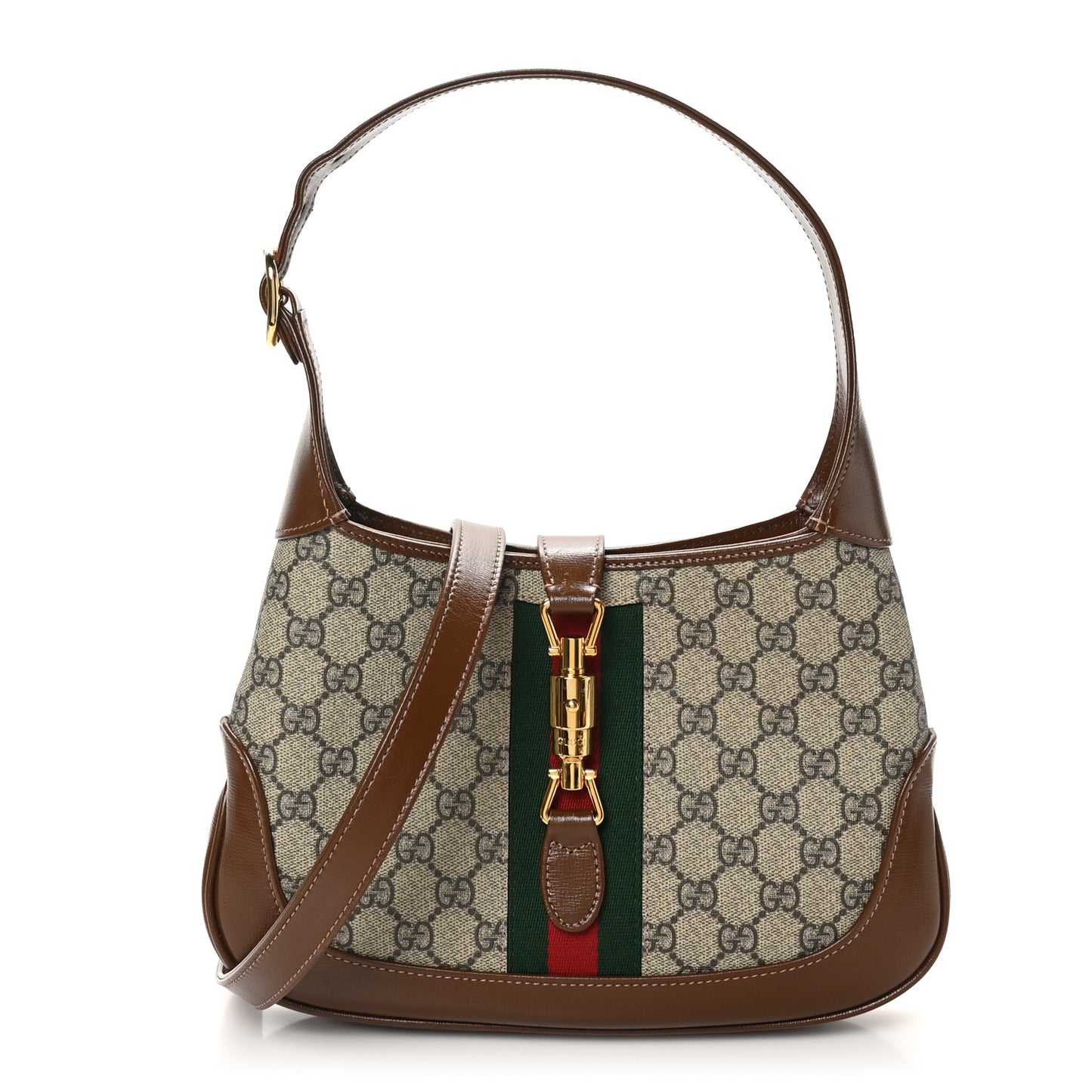 GG Supreme Monogram Azalea Calfskin Web Small Jackie 1961 Hobo Beige Ebony Brown Sugar
