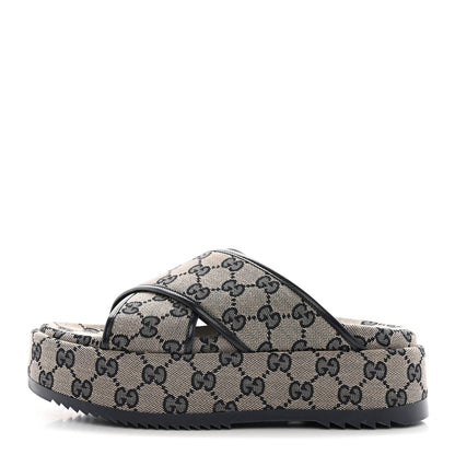 Gucci Monogram Criss Cross Platform Slide Sandals 37 Beige Blue 1 of 9