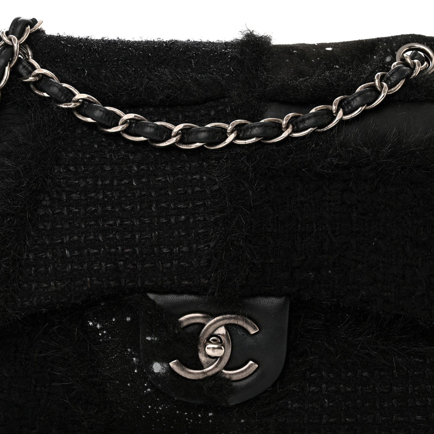 Tweed Faux Fur Patchwork Jumbo Single Flap Black