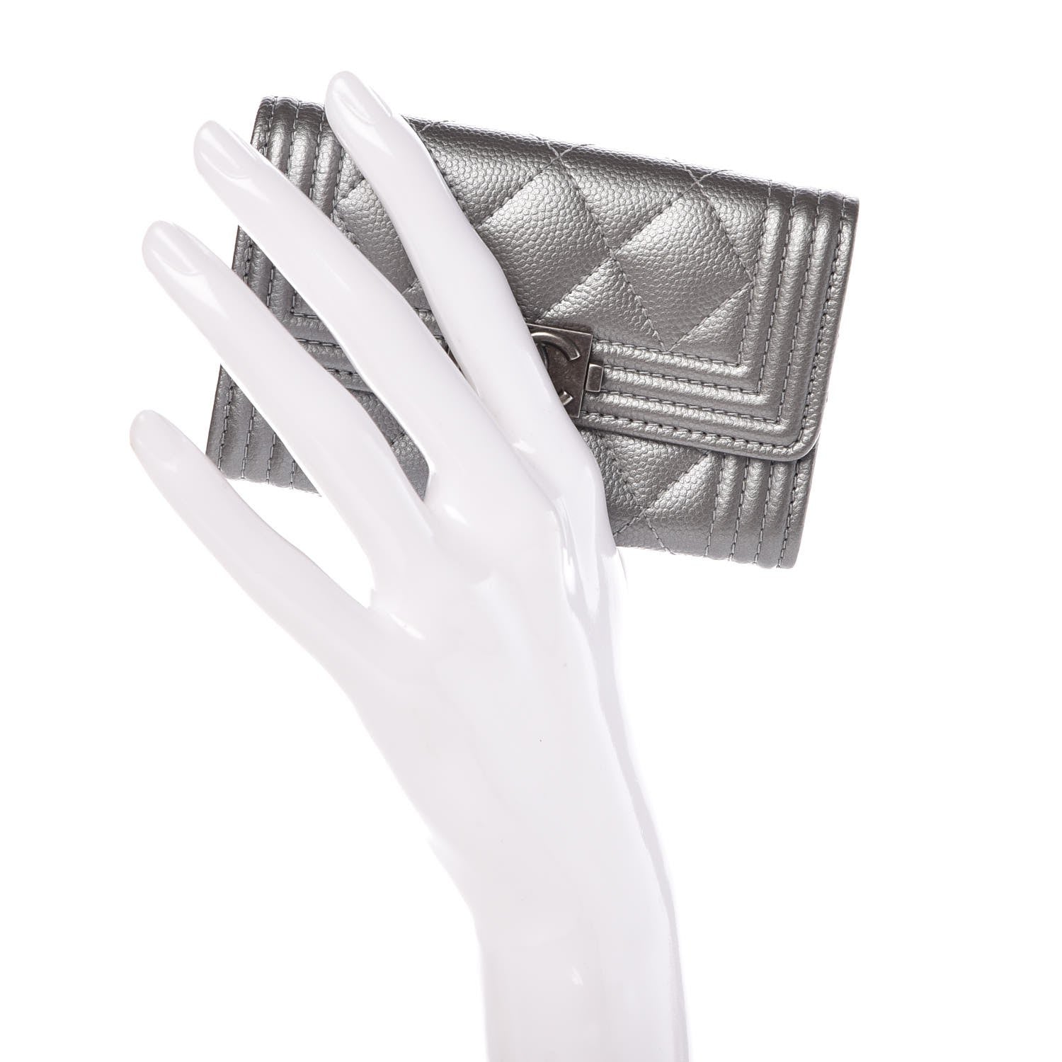 Chanel Metallic Caviar Quilted Boy Card Holder Wallet Silver 2 of 9