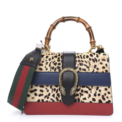 Gucci Calf Hair Calfskin Bamboo Web Leopard Print Medium Dionysus Top Handle Bag Natural Blue Agata Hibiscus Red 1 of 13