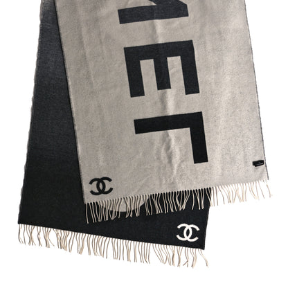 Chanel Cashmere Silk CC Logo Fringe Scarf Ecru Black 2 of 3