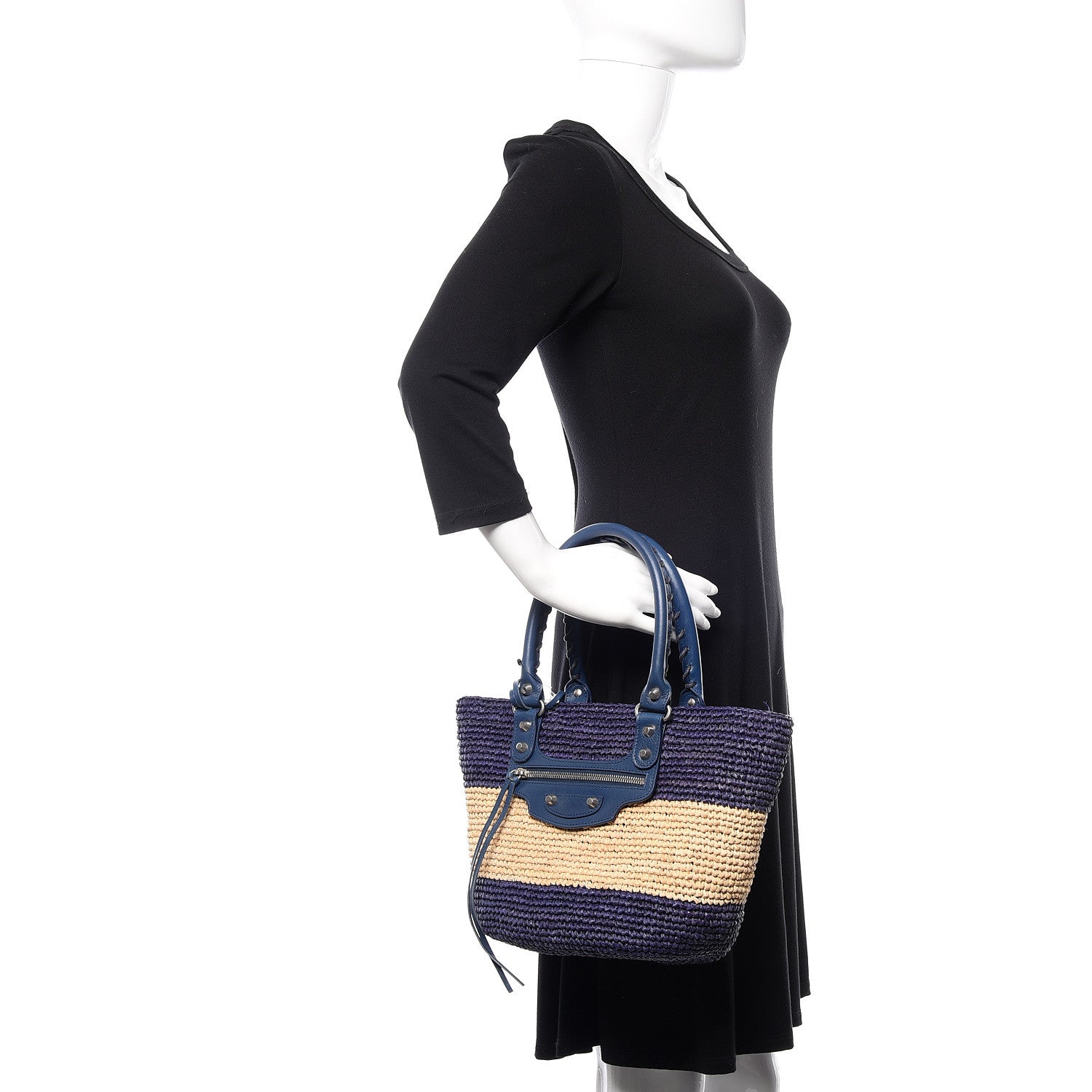 Balenciaga Raffia Bi-Color Panier Basket Tote Natural Bleu Tanzanite 2 of 12