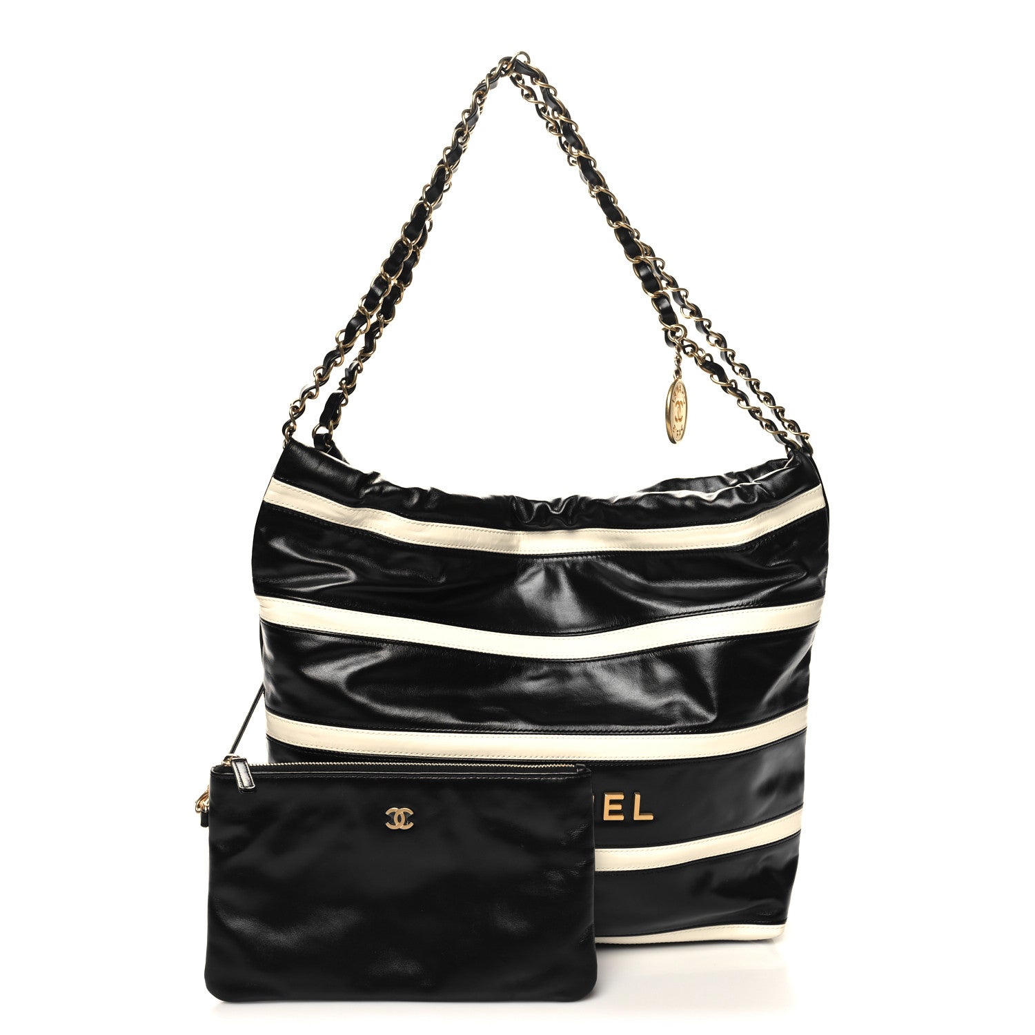 Chanel Shiny Calfskin Striped Small Chanel 22 Black White 1456262
