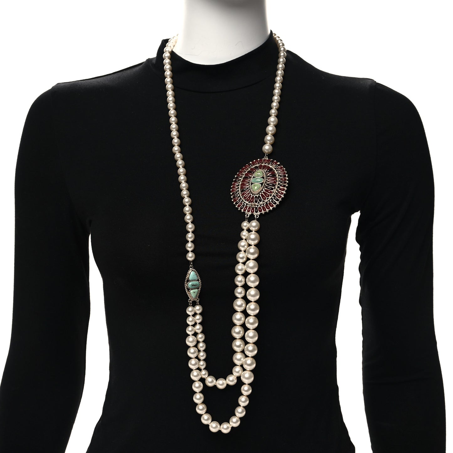Graduated Pearl Enamel Gripoix Necklace Turquoise Burgundy