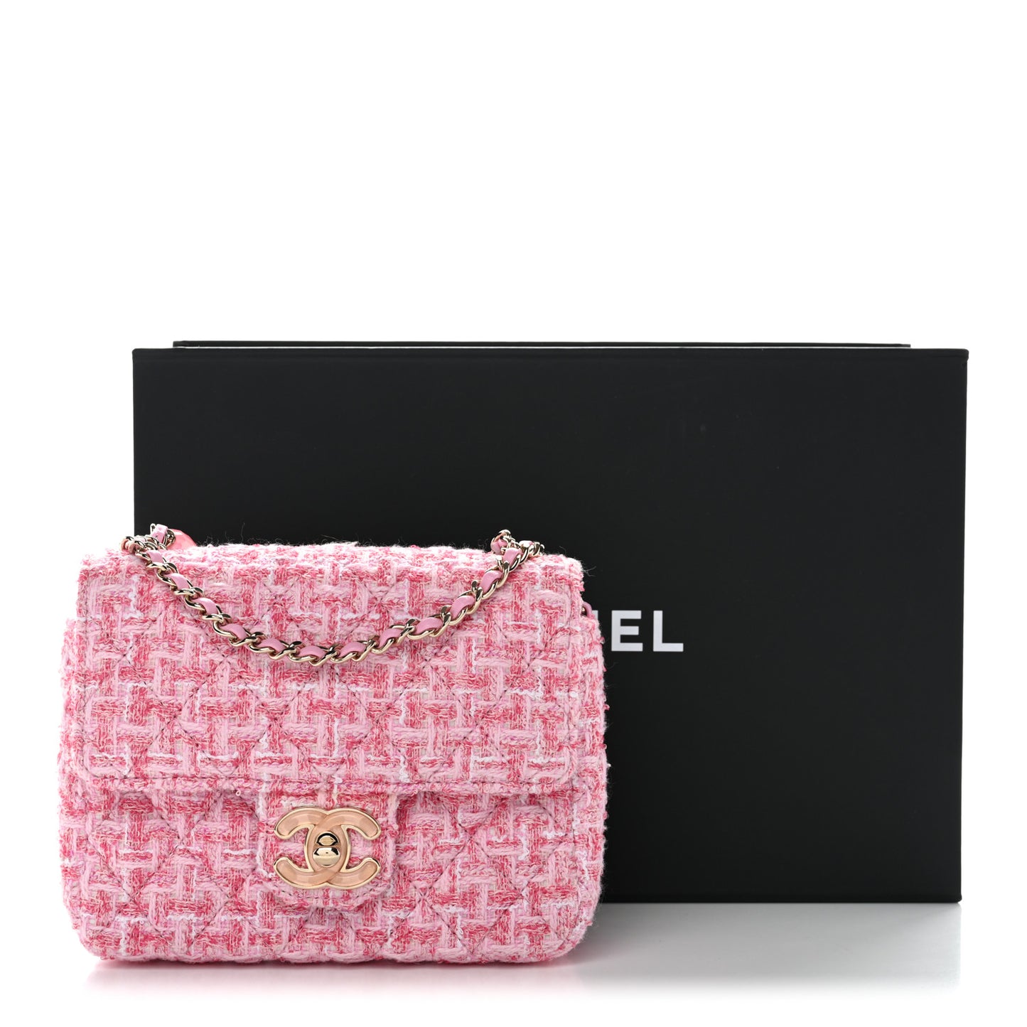 Tweed Resin Quilted Mini Heart Square Flap Pink White