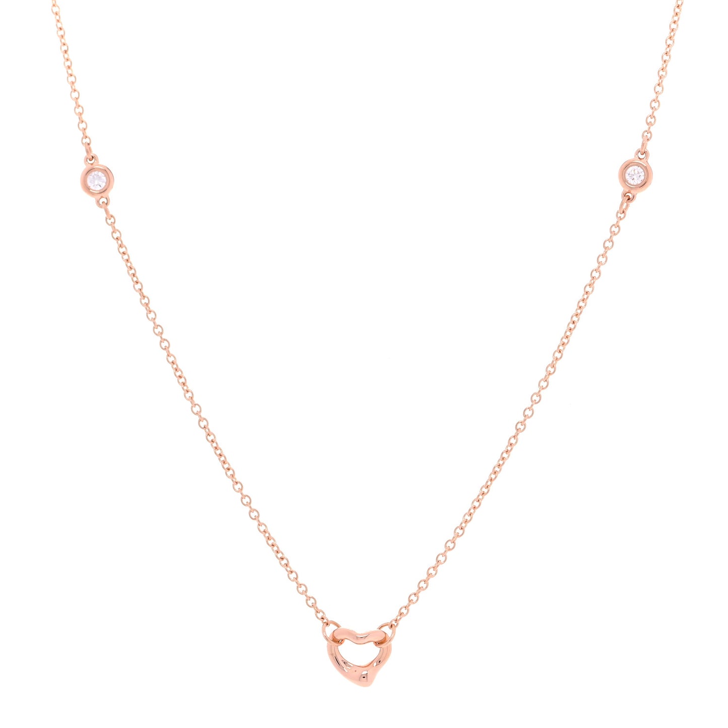 18K Rose Gold 2 Diamond Elsa Peretti Diamonds by the Yard Open Heart Pendant Necklace
