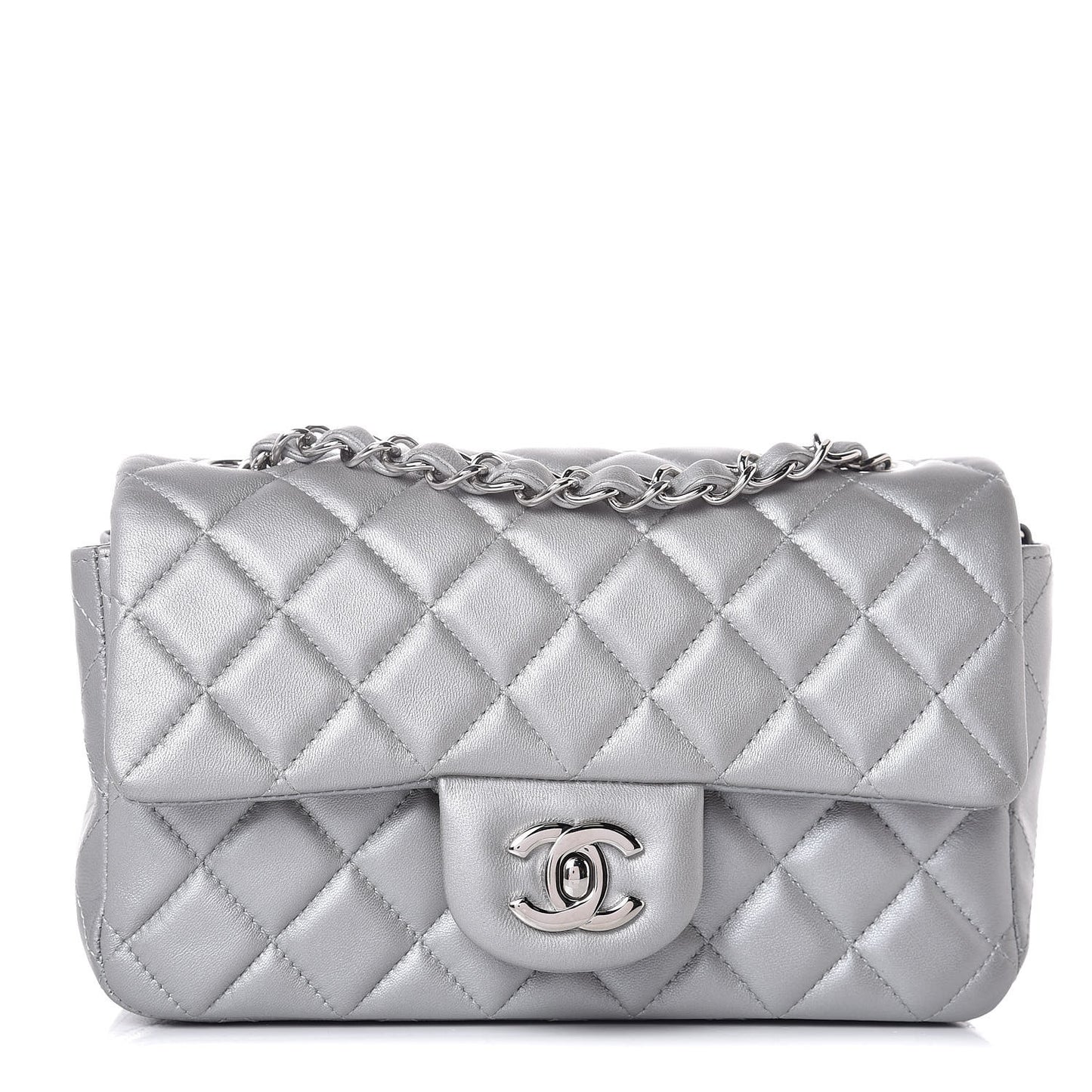 Metallic Lambskin Quilted Mini Rectangular Flap Silver