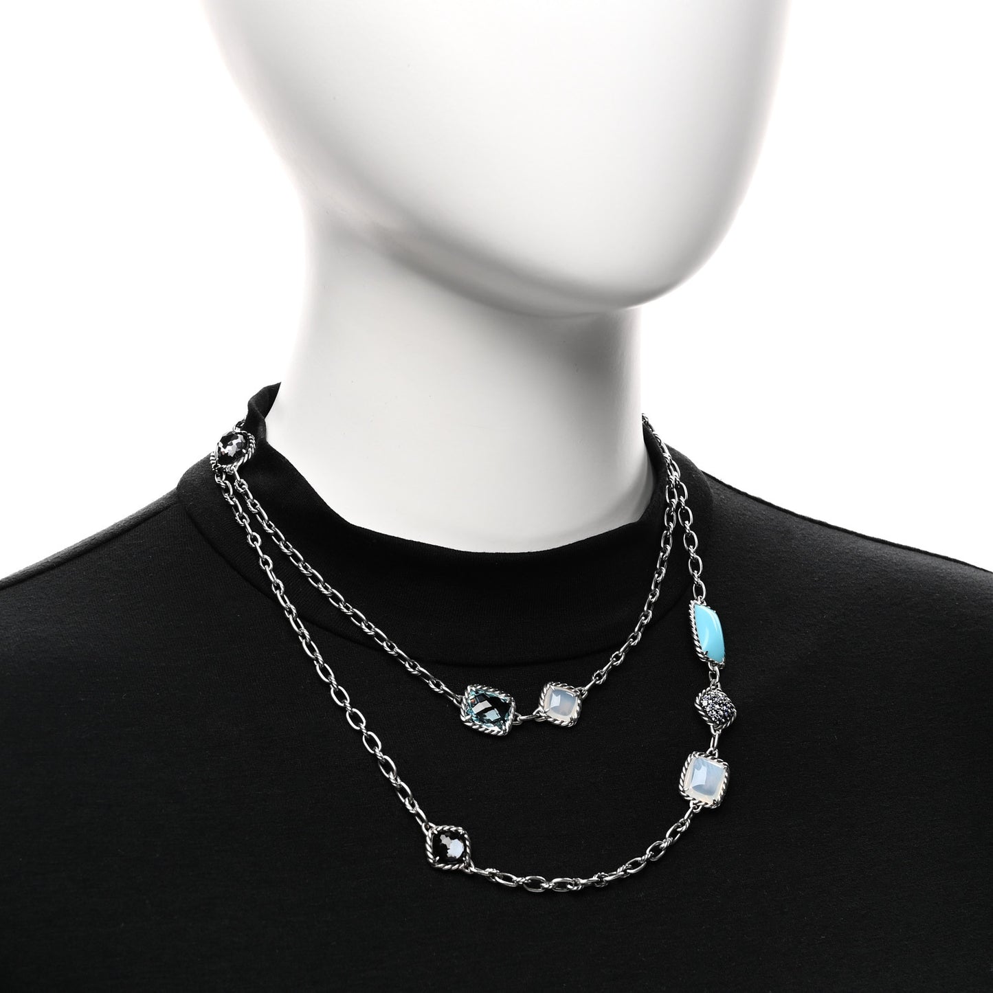 Sterling Silver Blue Sapphire Blue Topaz Doublet Milky Quartz Turquoise Chatelaine Long Necklace