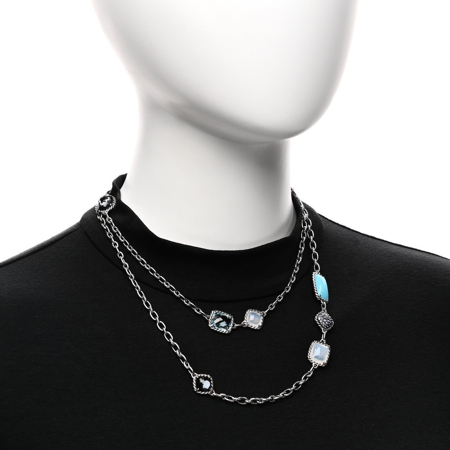 David Yurman Sterling Silver Blue Sapphire Blue Topaz Doublet Milky Quartz Turquoise Chatelaine Long Necklace 2 of 4