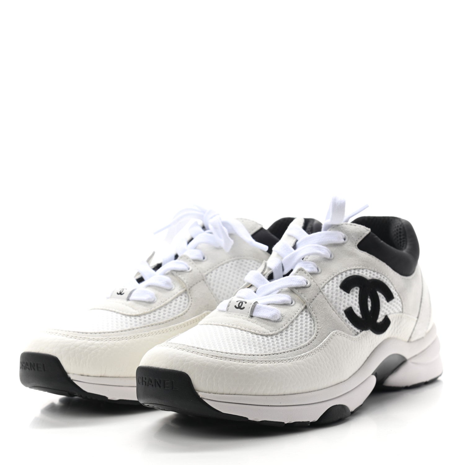 Chanel Mesh Suede Calfskin Grained Calfskin Womens CC Sneakers 40.5 White Black 3 of 8