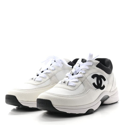 Chanel Mesh Suede Calfskin Grained Calfskin Womens CC Sneakers 40.5 White Black 3 of 8
