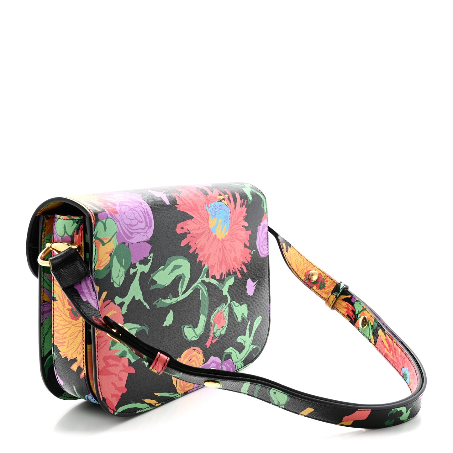 X KEN SCOTT New Shangai Calfskin Jenny Floral Print Horsebit 1955 Shoulder Bag Black Pink