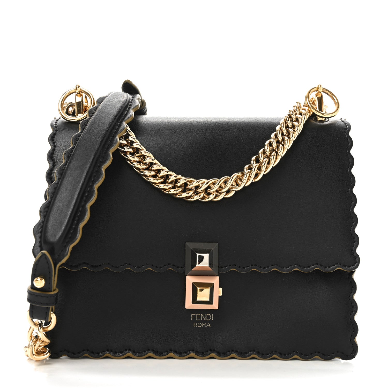 Fendi Vitello Liberty Scalloped Studded Small Kan I Shoulder Bag Black 1 of 10
