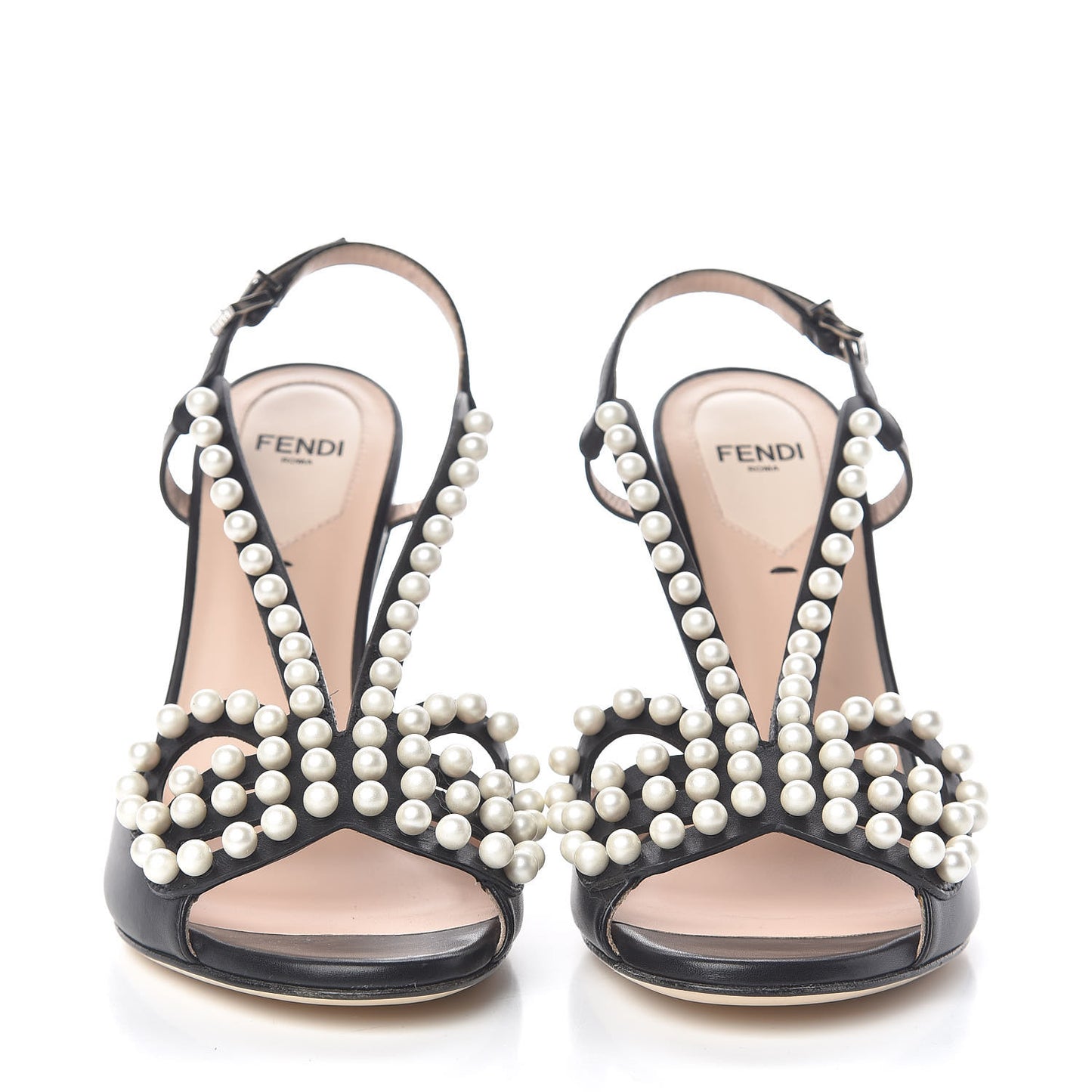 Calfskin Faux Pearl Embellished Bow Ankle Strap Heel 37 Black