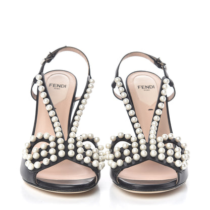 Fendi Calfskin Faux Pearl Embellished Bow Ankle Strap Heel 37 Black 2 of 8