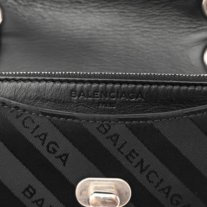 Balenciaga Nylon Jacquard Diagonal Logo Small Scarf Lock Chain Shoulder Bag Black Beige 6 of 9
