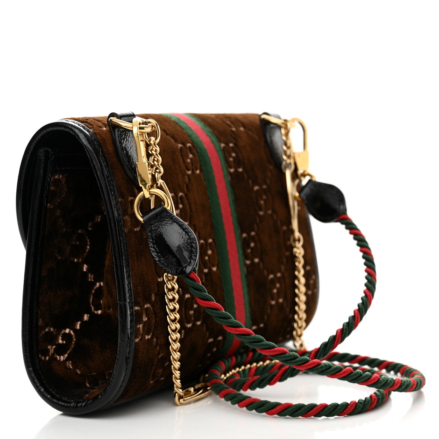 Gucci Velvet GG Monogram Web Small Rajah Slim Flap Shoulder Bag Brown Black 3 of 13