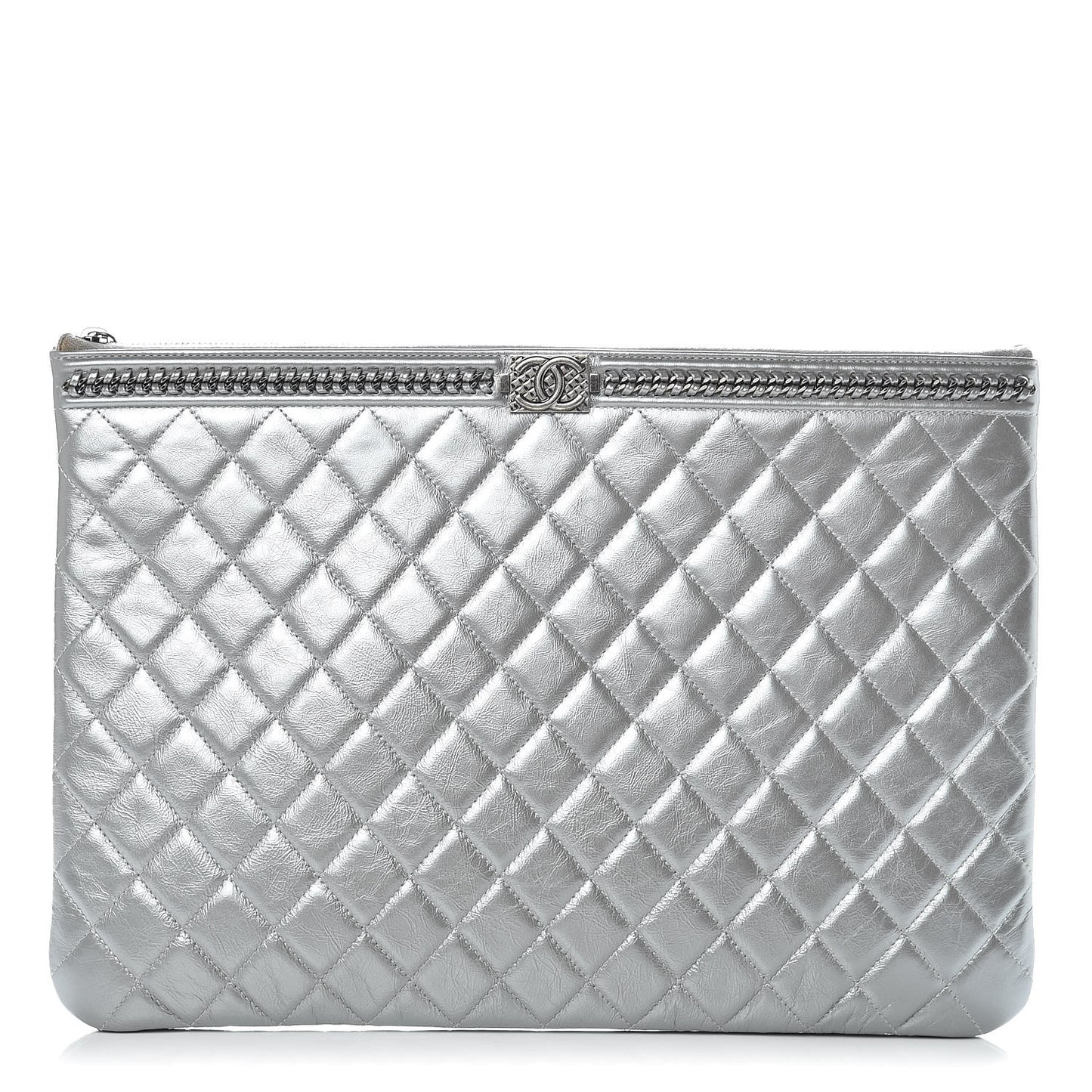 Calfskin Quilted Large Boy Chain Around Cosmetic Case Silver