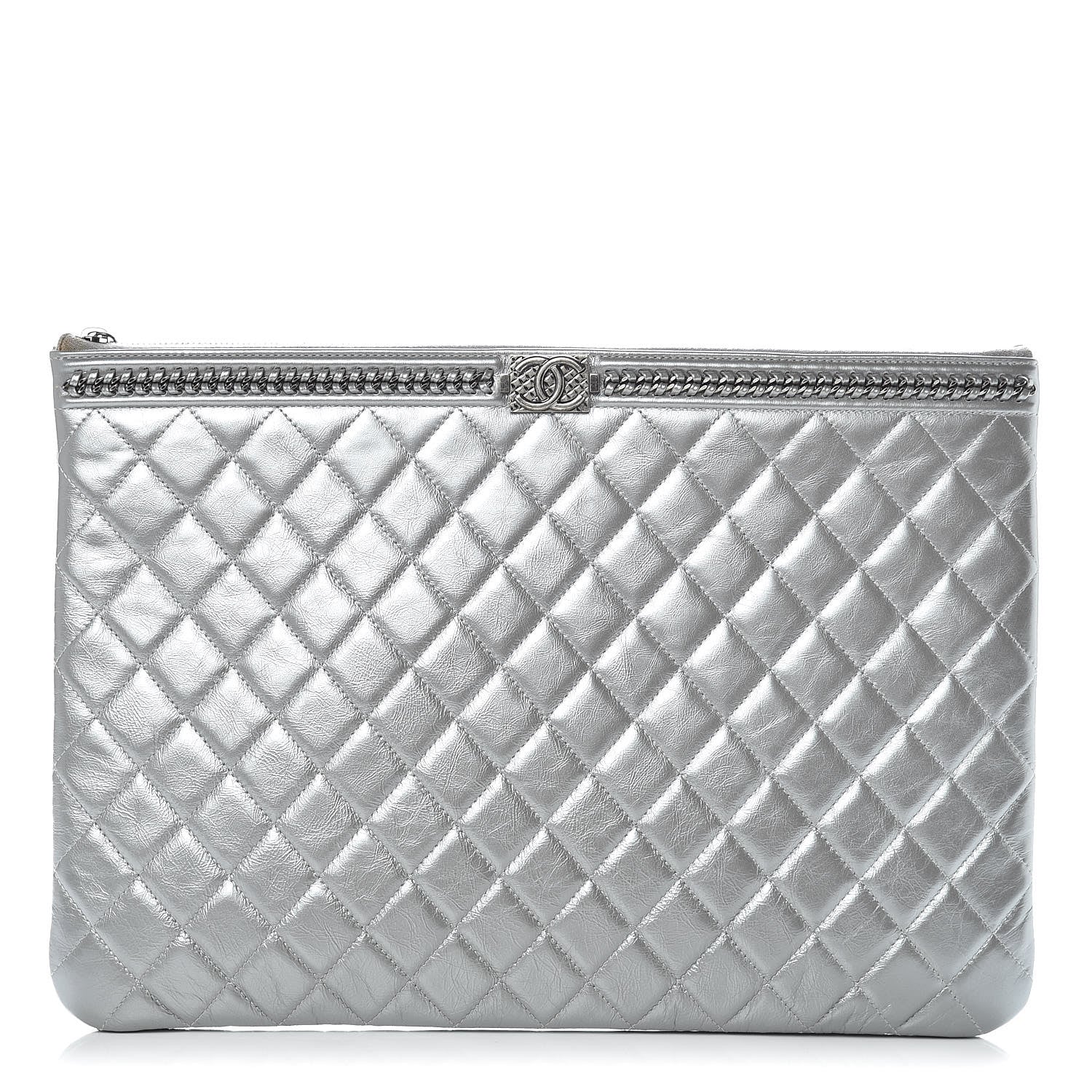 Chanel Calfskin Quilted Large Boy Chain Around Cosmetic Case Silver 1 of 12