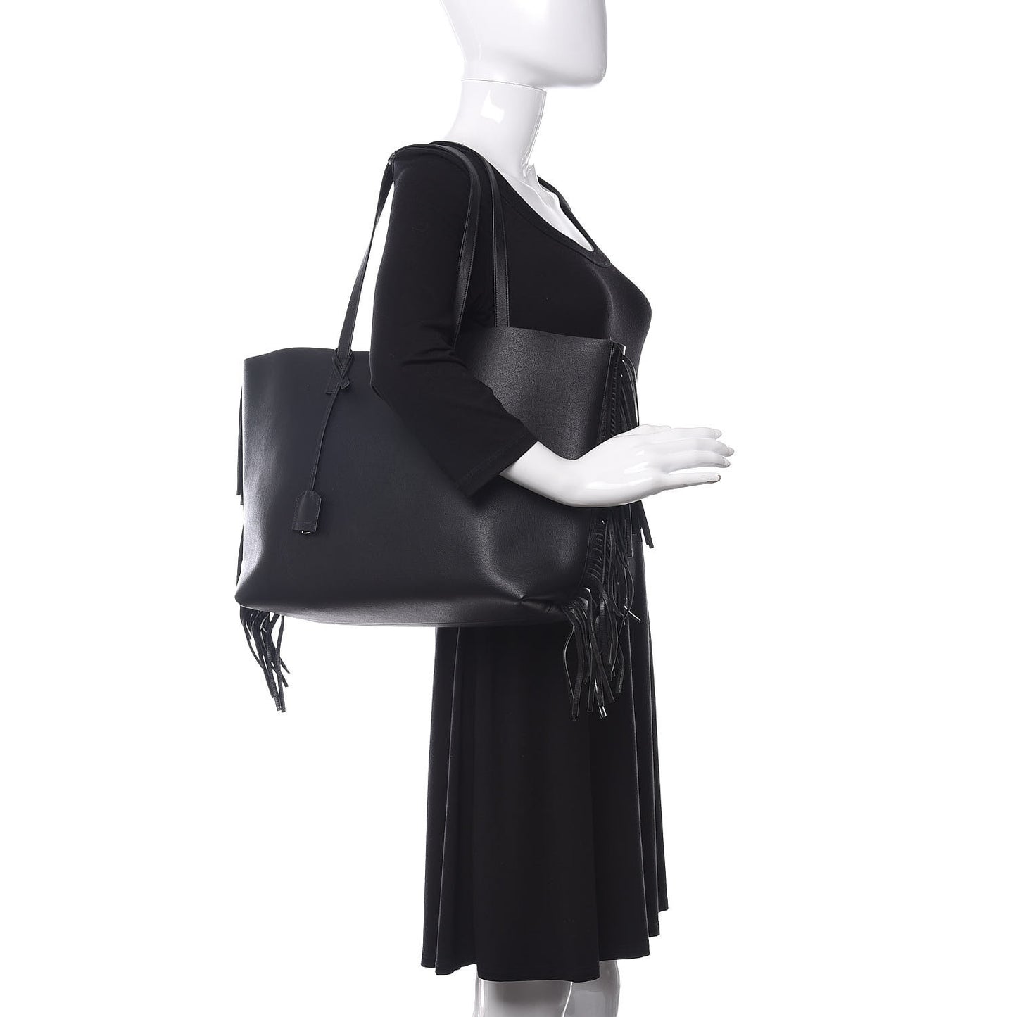 Calfskin Large Fringe Shopping Tote Black