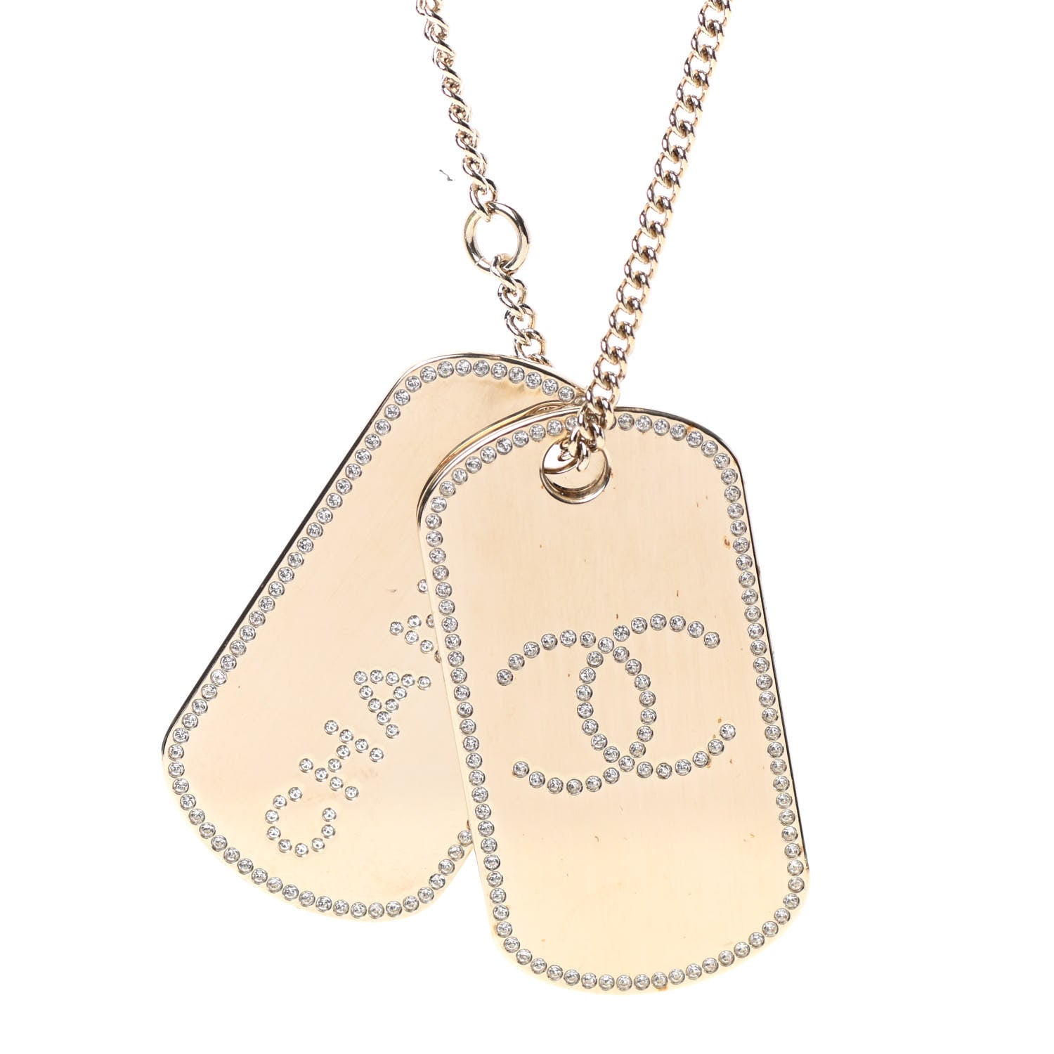 Chanel Metal Crystal Dog Tag Charm Necklace Gold 4 of 7