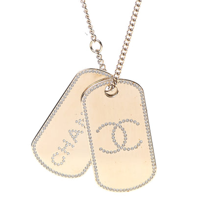 Chanel Metal Crystal Dog Tag Charm Necklace Gold 4 of 7