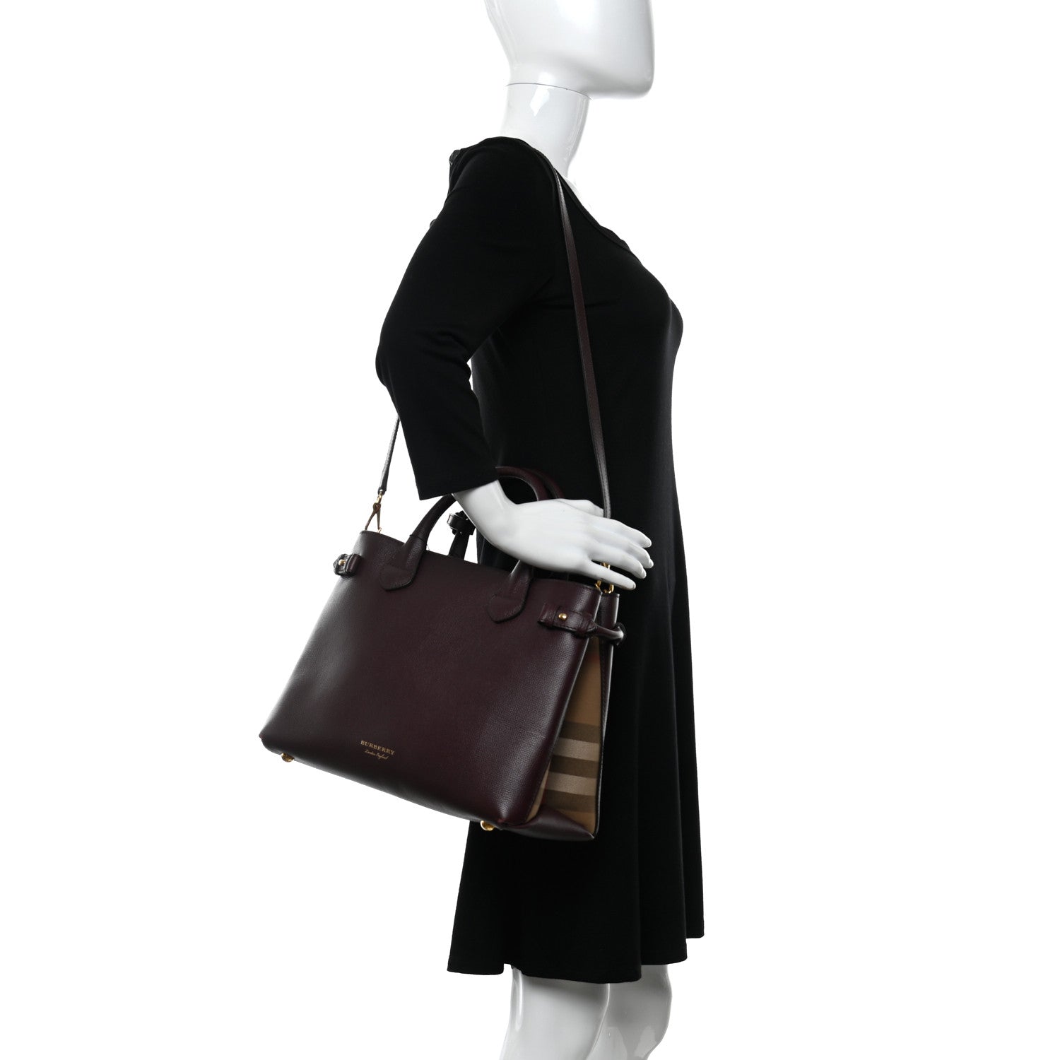 Burberry Grainy Calfskin House Check Medium Banner Tote Mahogany Red 2 of 10
