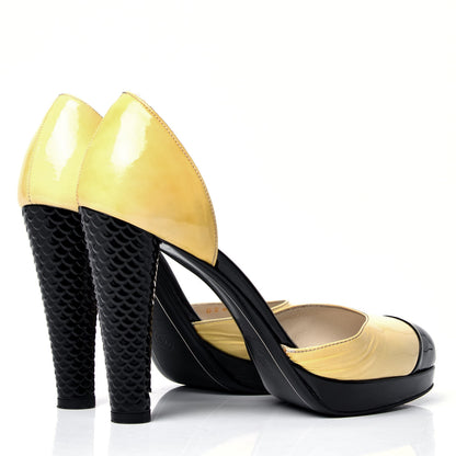 Chanel Patent Snakeskin Embossed Cap Toe d'Orsay Pumps 37 Black Yellow 3 of 8
