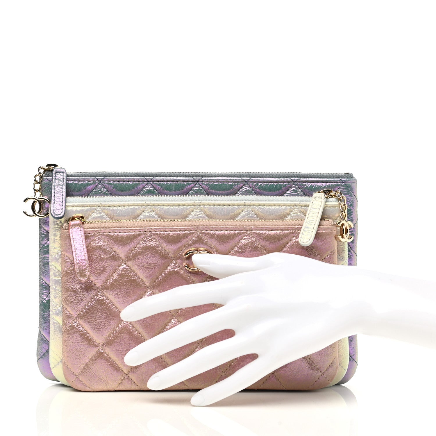 Chanel Iridescent Crumpled Calfskin Trio Cosmetic Case Blue Pink Ivory 2 of 11