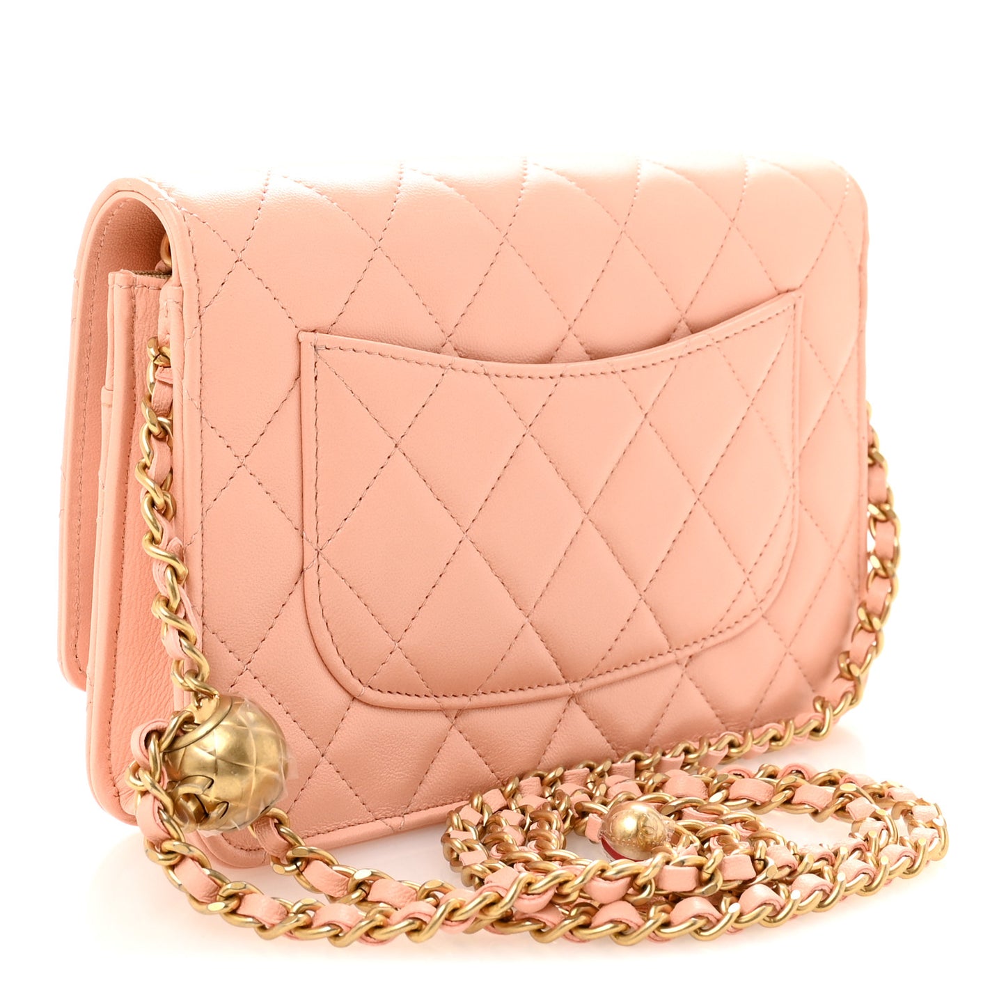 Lambskin Quilted CC Pearl Crush Wallet on Chain WOC Light Orange